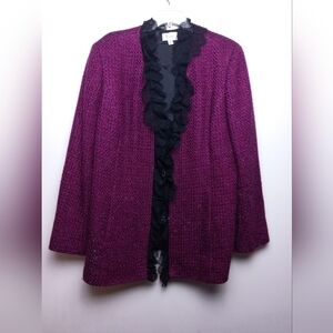 Neiman Marcus Exclusive Burgundy Red/Black Metallic Wool Blend Blazer size 16